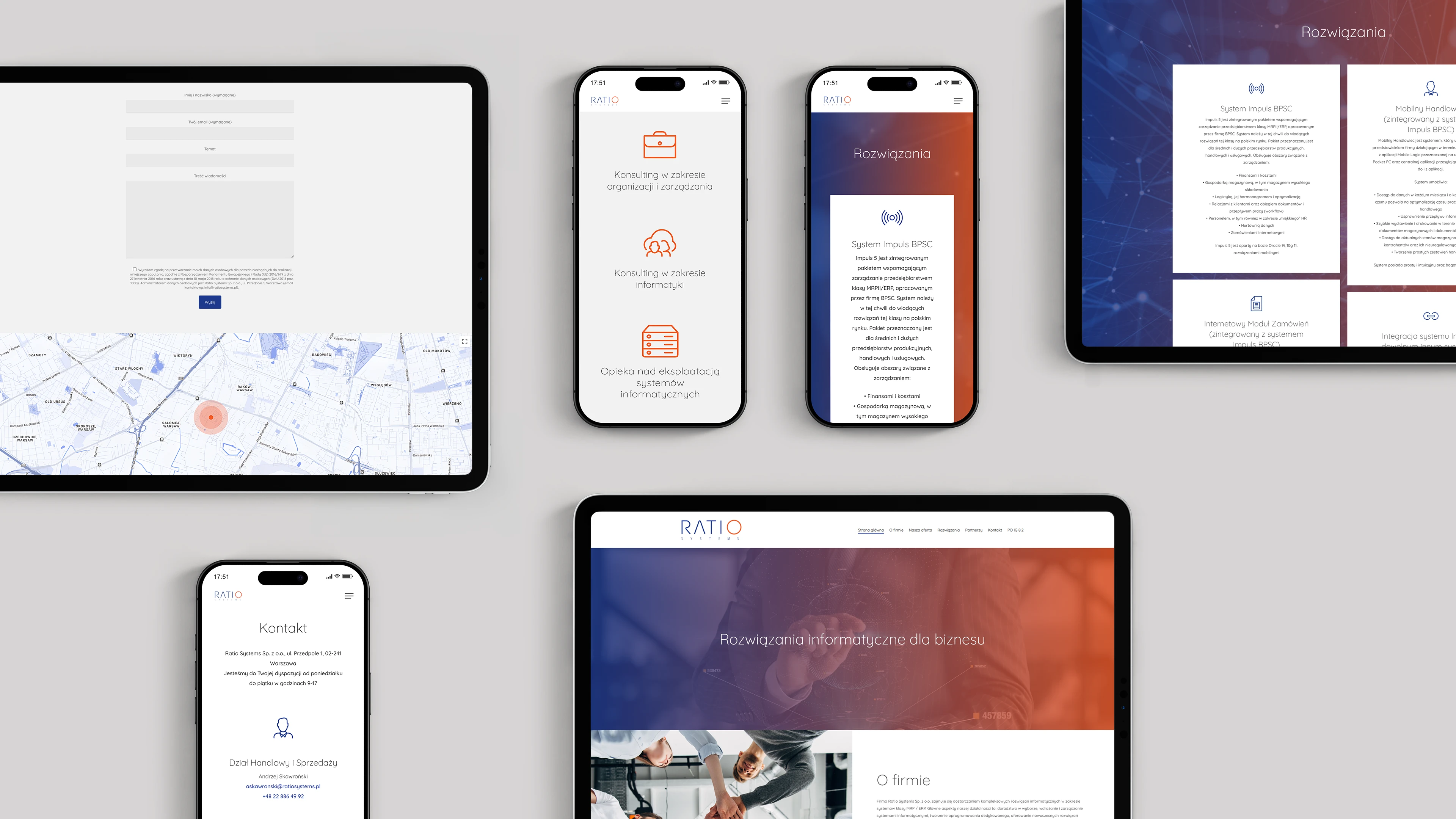 Projekt strony internetowej Ratio Systems – prezentacja responsywnego layoutu na laptopie, tablecie i smartfonach