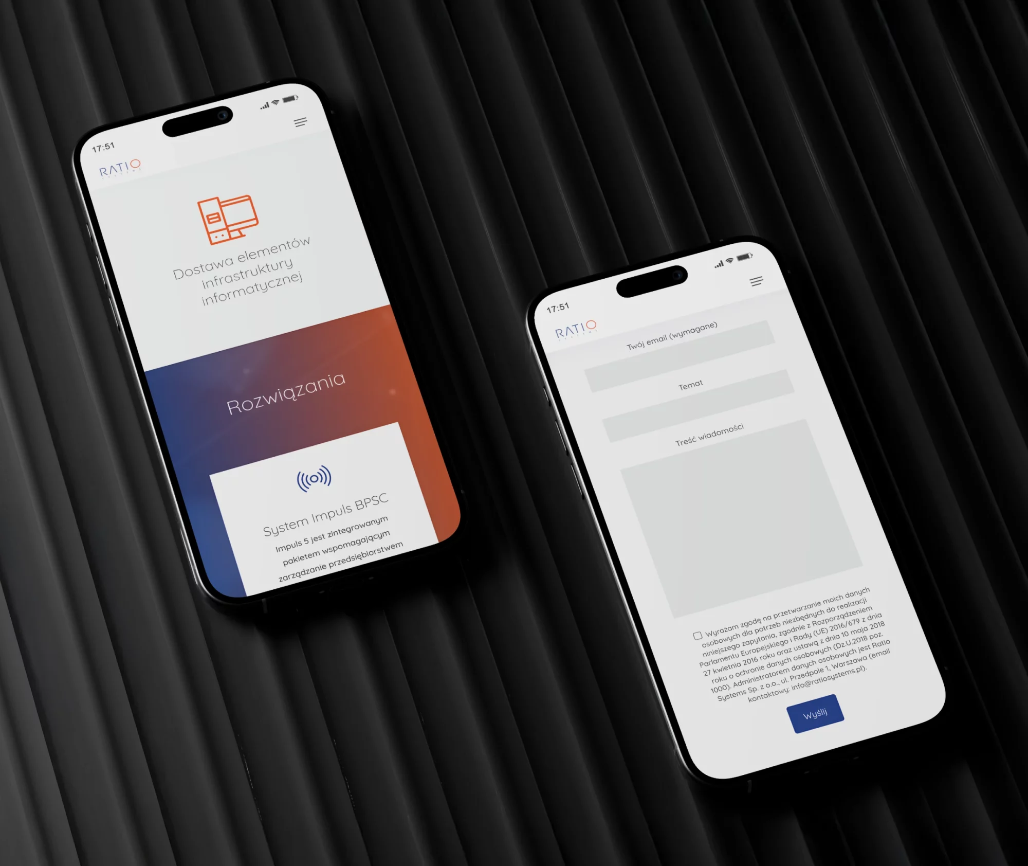 Wizualizacja projektu UX strony Ratio Systems – mobilne widoki sekcji rozwiązań oraz formularza kontaktowego