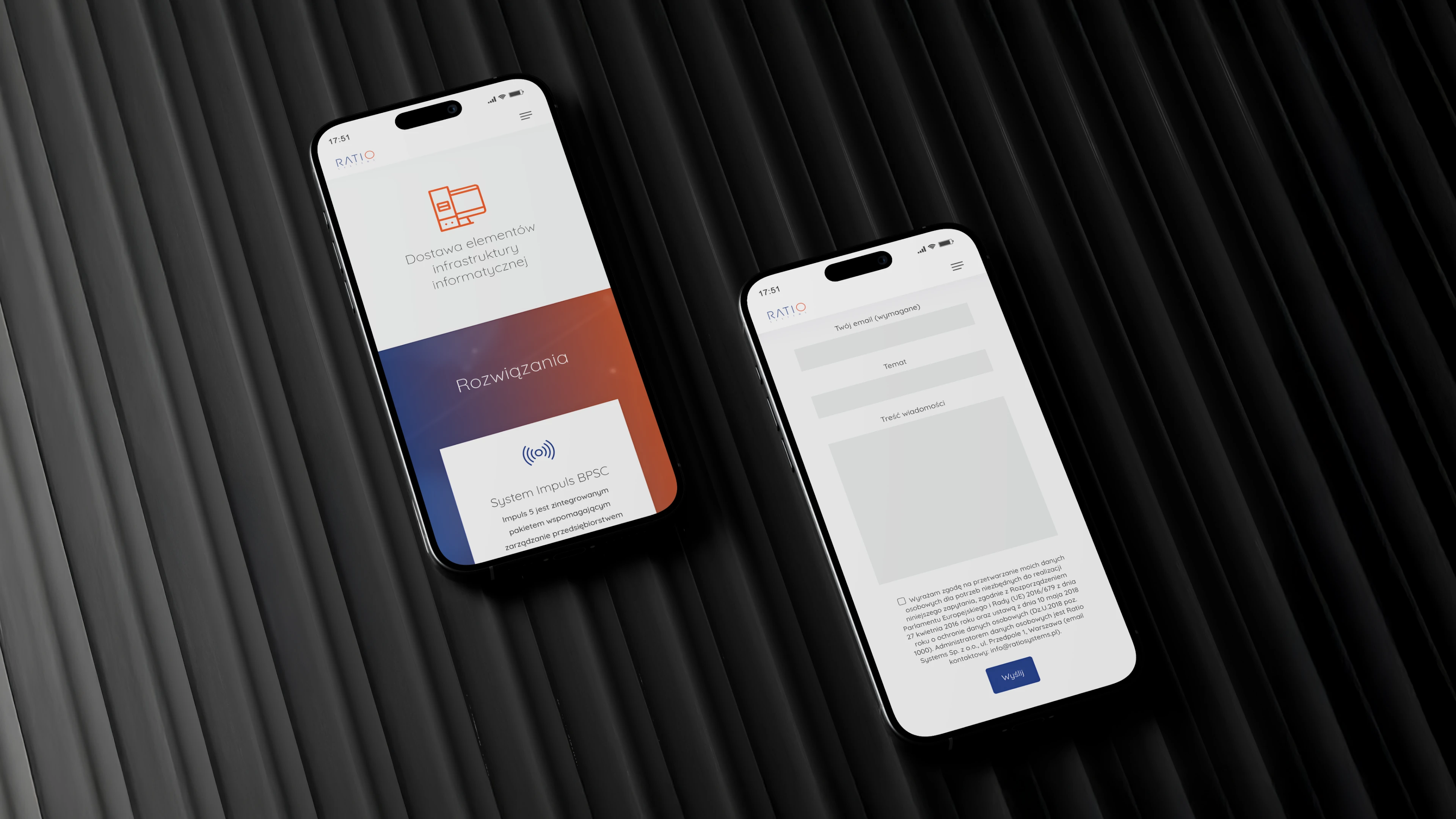 Wizualizacja projektu UX strony Ratio Systems – mobilne widoki sekcji rozwiązań oraz formularza kontaktowego