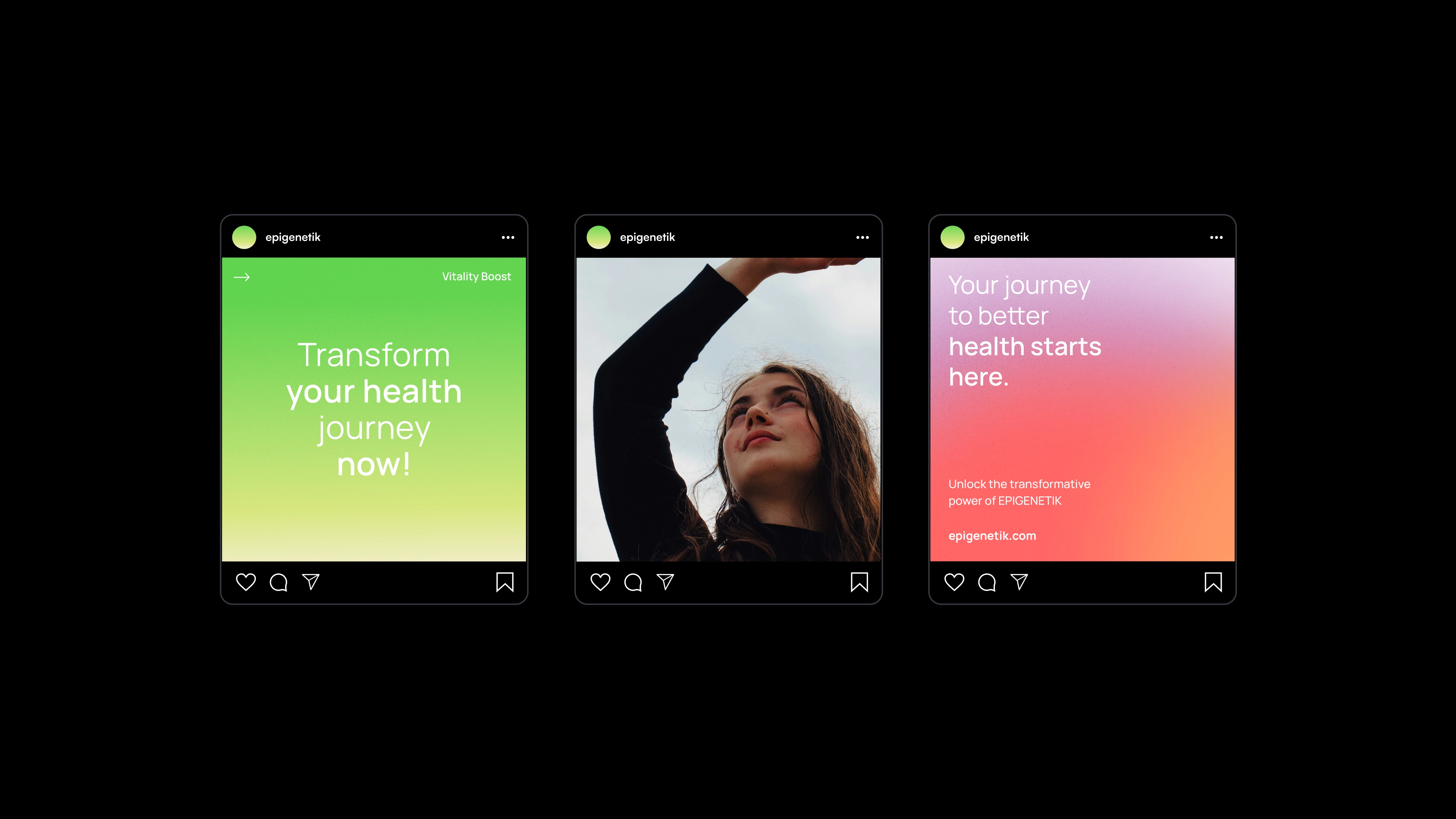 Trzy grafiki w formie postów na Instagramie z logo Epigenetik, gradientowymi tłami i zdjęciem kobiety