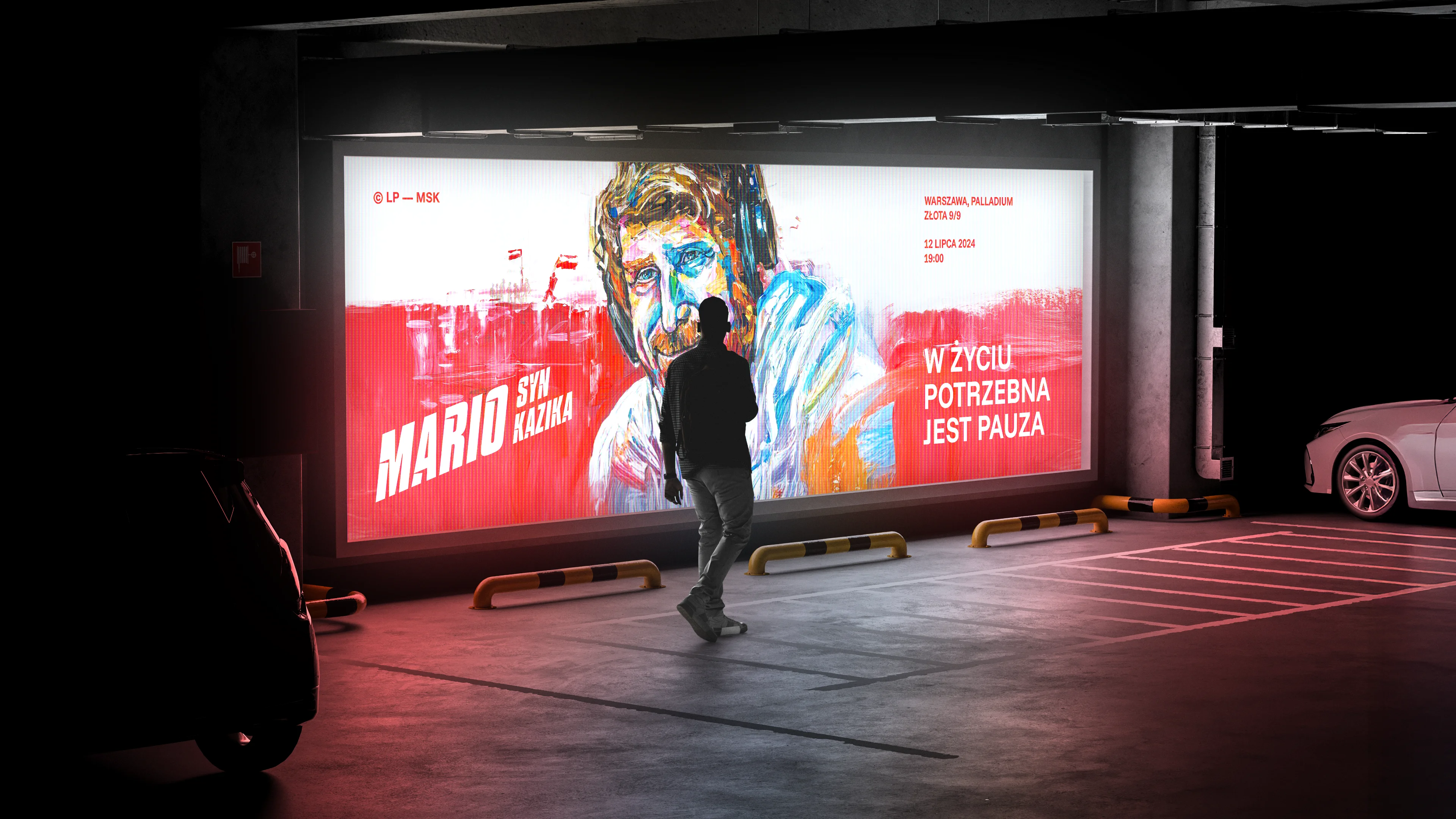 Kolorowy billboard z portretem muzyka i czerwonym tłem oglądany przez przechodnia w podziemnym parkingu