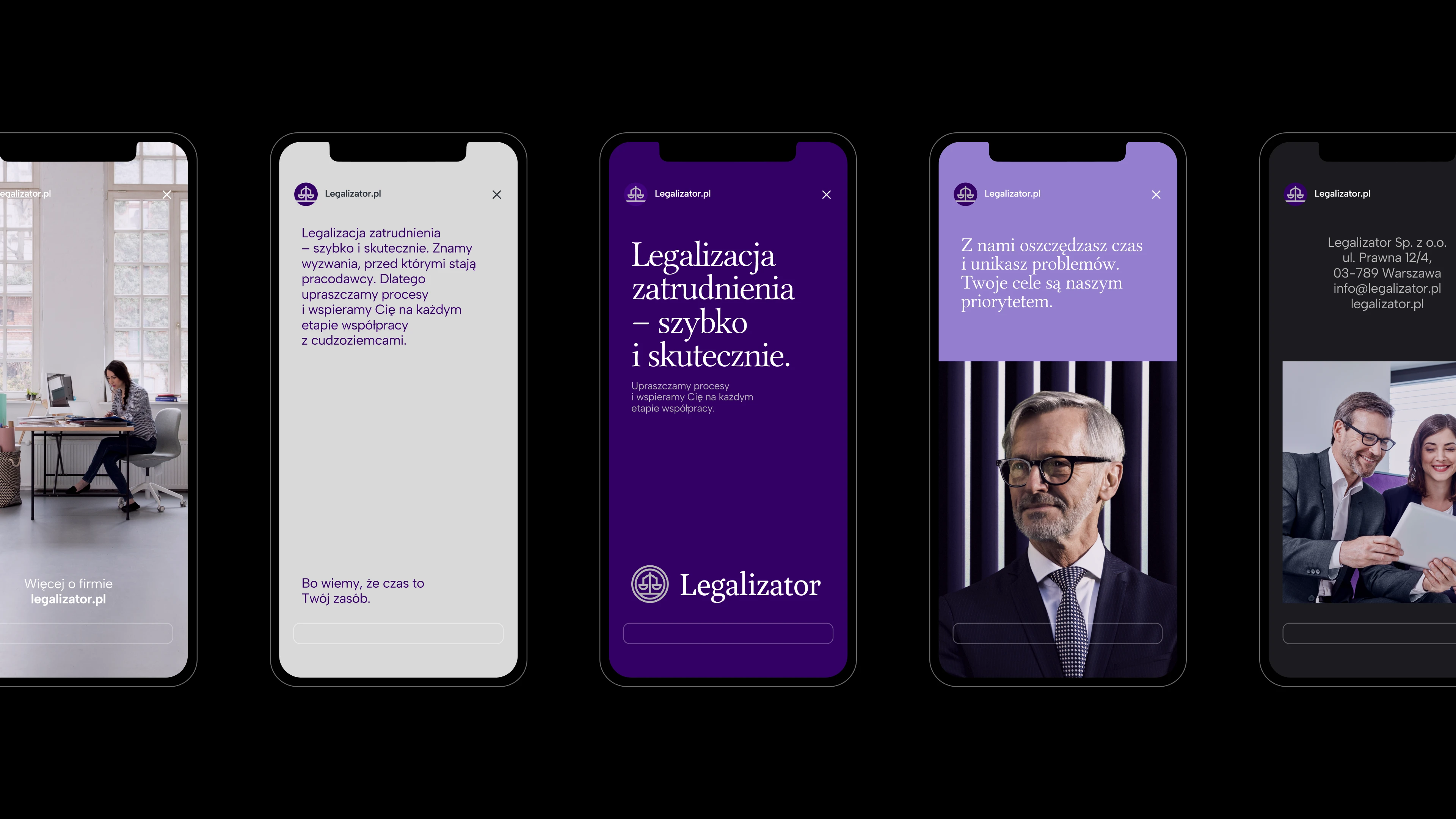 Widoki mobilne strony internetowej Legalizator z treściami dotyczącymi legalizacji zatrudnienia.