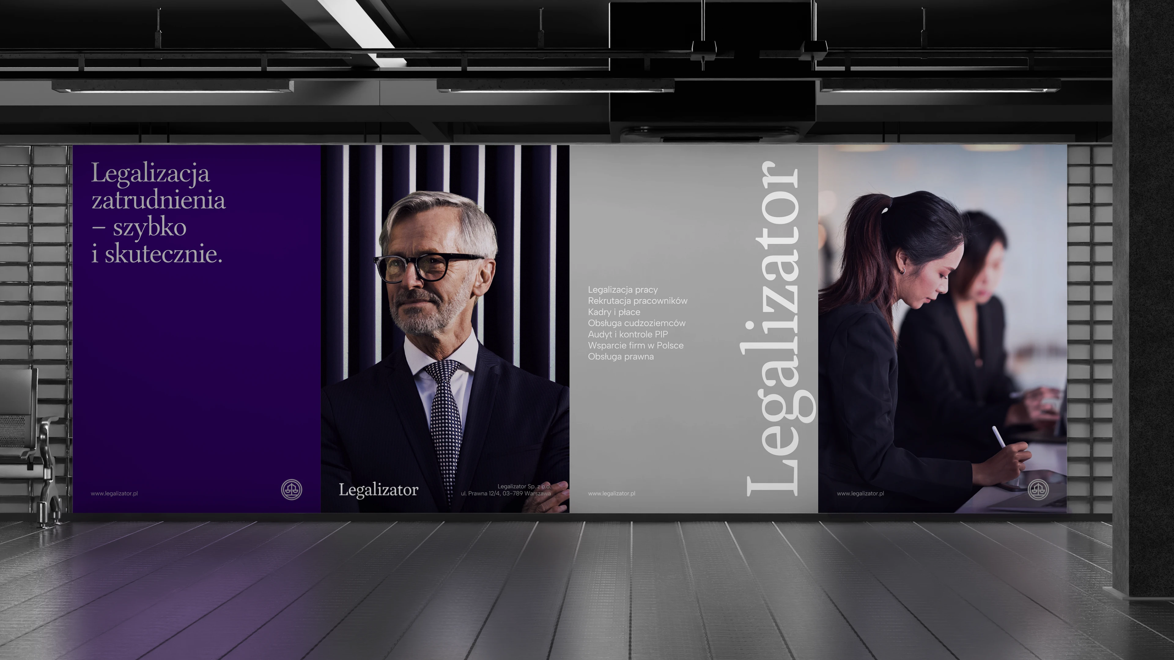 Seria plakatów Legalizator w przestrzeni publicznej z hasłem o legalizacji zatrudnienia i wizerunkami ludzi.