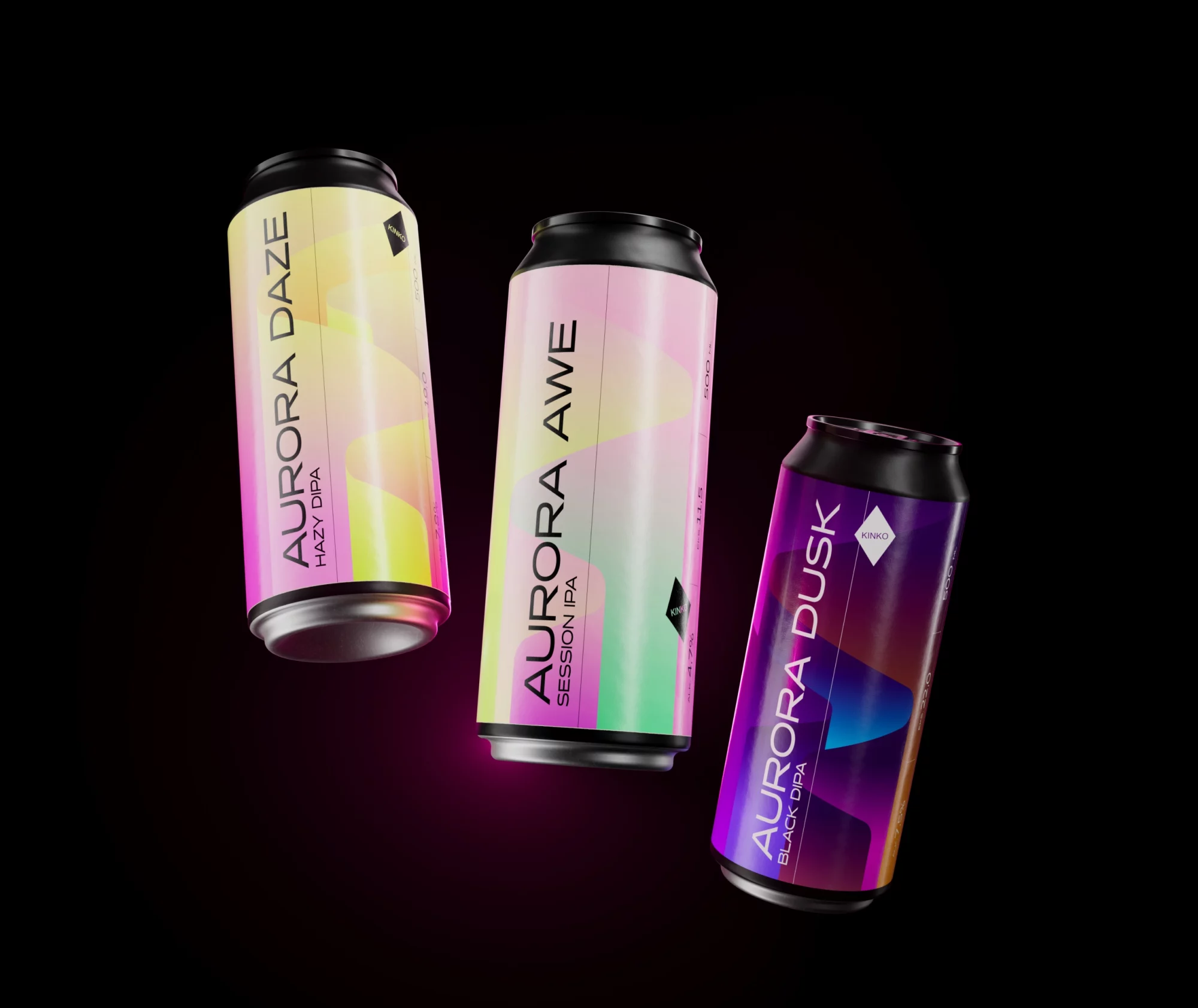 Trzy puszki piwa KINKO Aurora Daze, Awe i Dusk na czarnym tle z neonowym gradientem identyfikacji wizualnej.