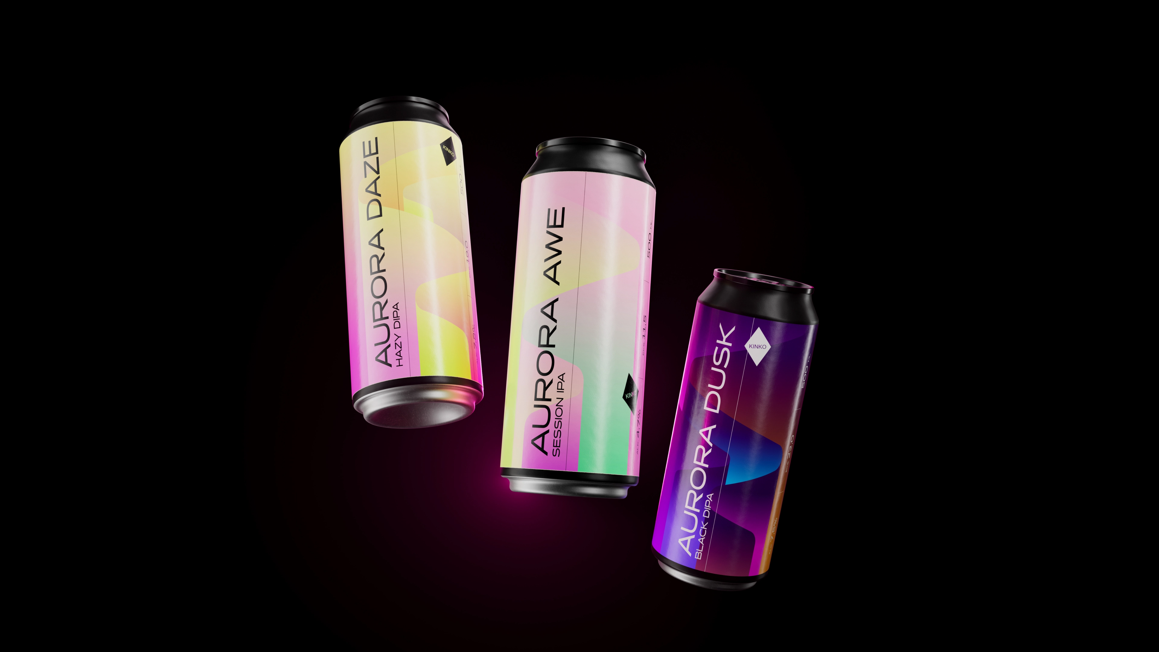 Trzy puszki piwa KINKO Aurora Daze, Awe i Dusk na czarnym tle z neonowym gradientem identyfikacji wizualnej.