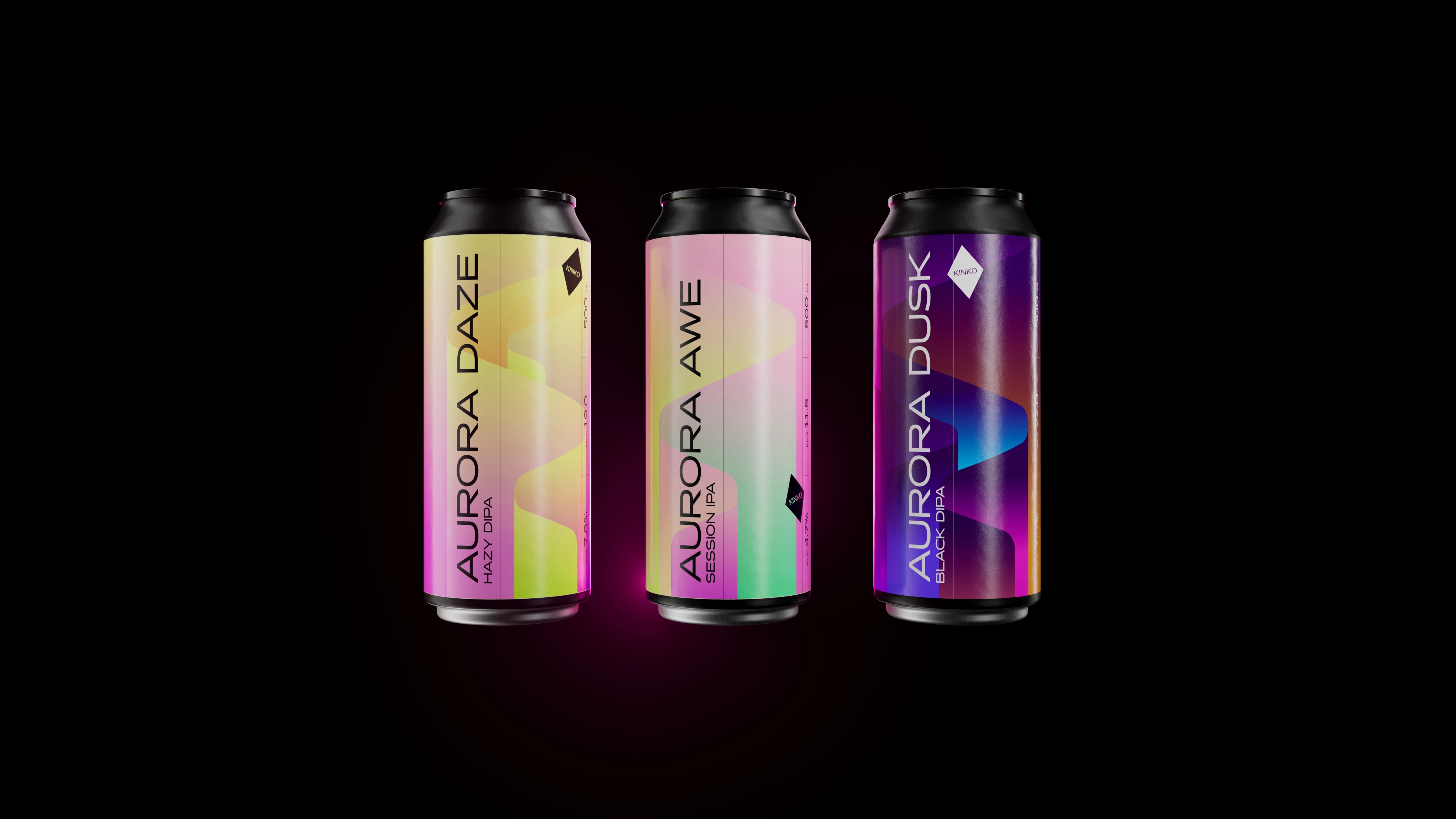 Linia puszek KINKO Aurora w spójnym systemie opakowań z wertykalną typografią i intensywną kolorystyką.
