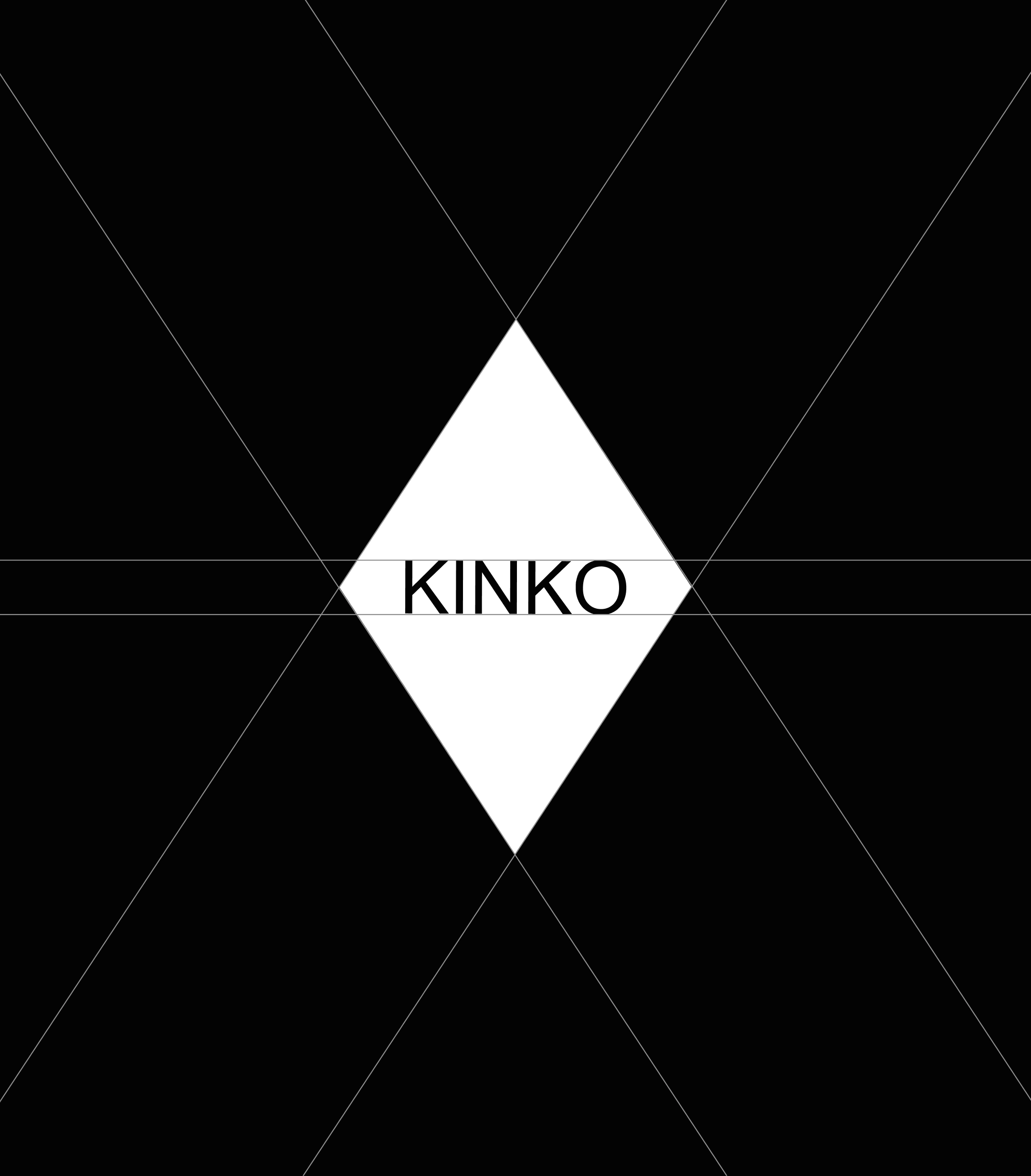 Logo KINKO w geometrycznej formie rombu na czarnym tle z widoczną siatką konstrukcyjną znaku