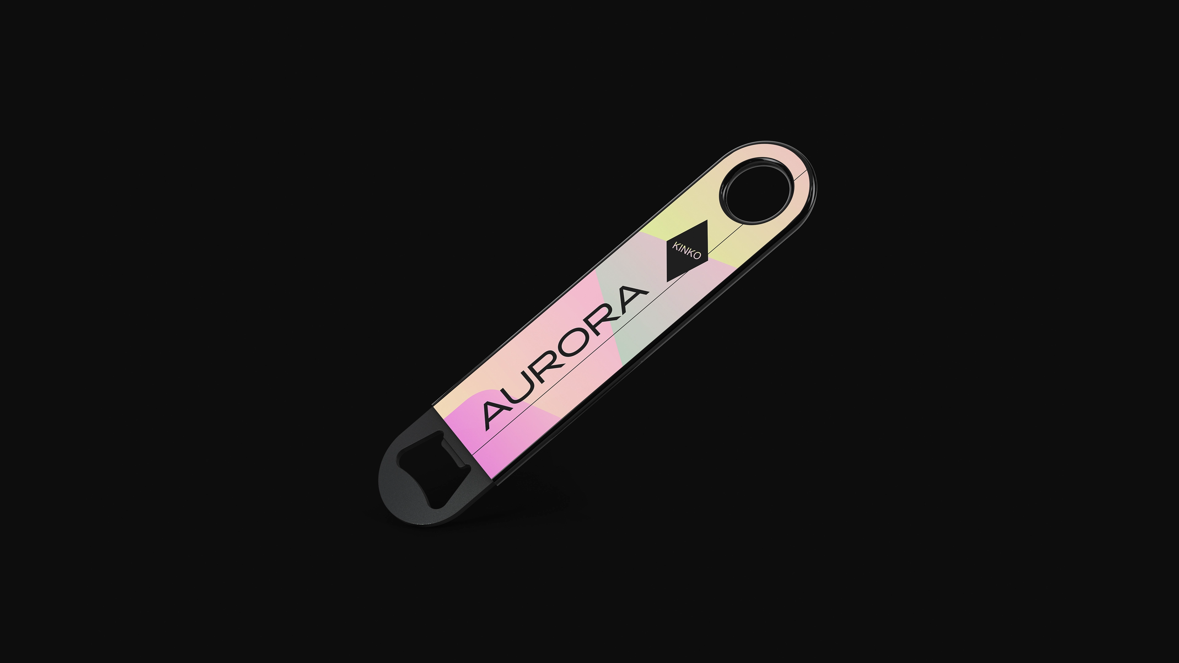 Otwieracz do butelek KINKO Aurora z nadrukiem identyfikacji wizualnej marki.