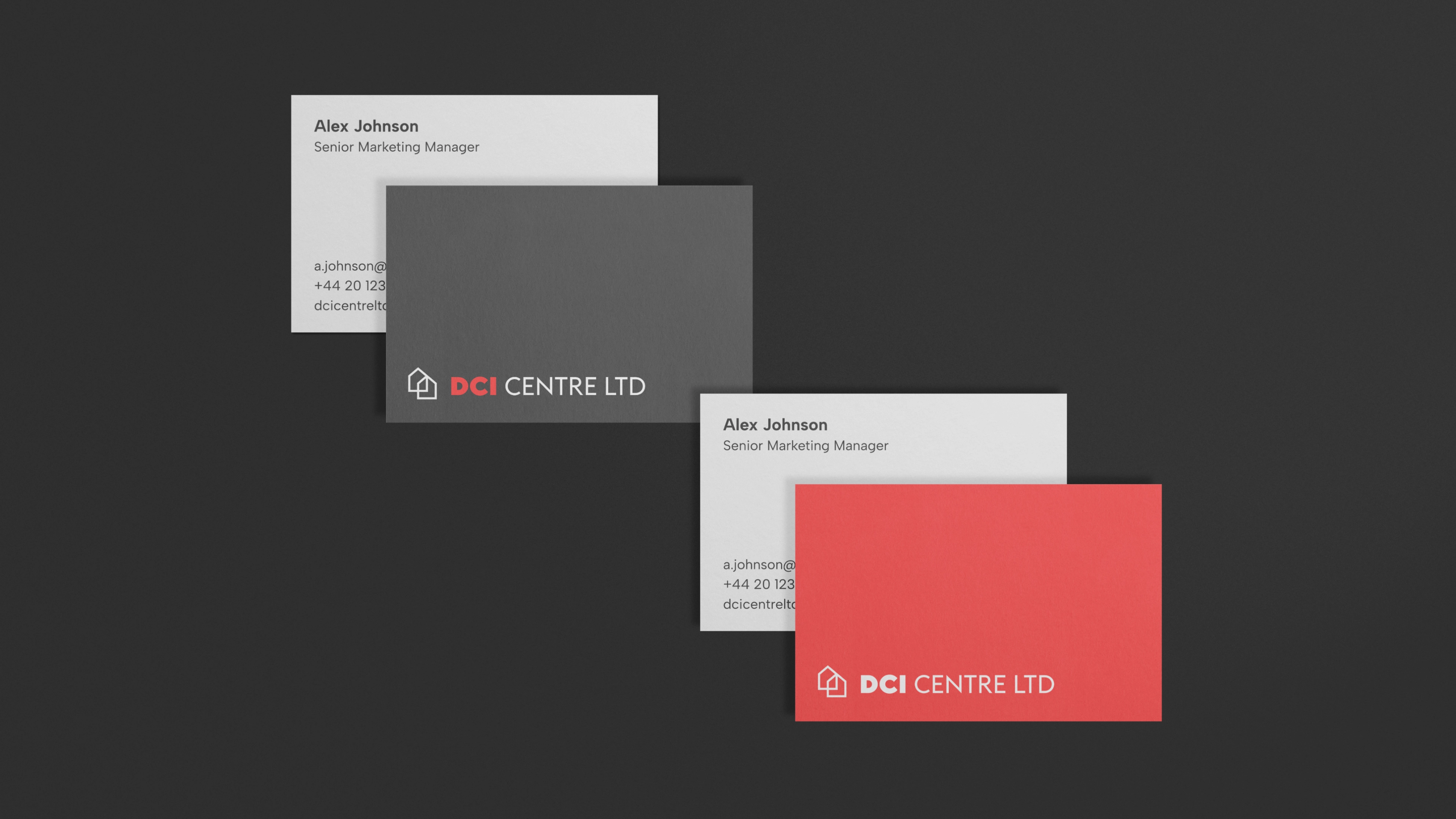 Projekt wizytówek DCI Centre z minimalistycznym layoutem i konsekwentnym brandingiem.