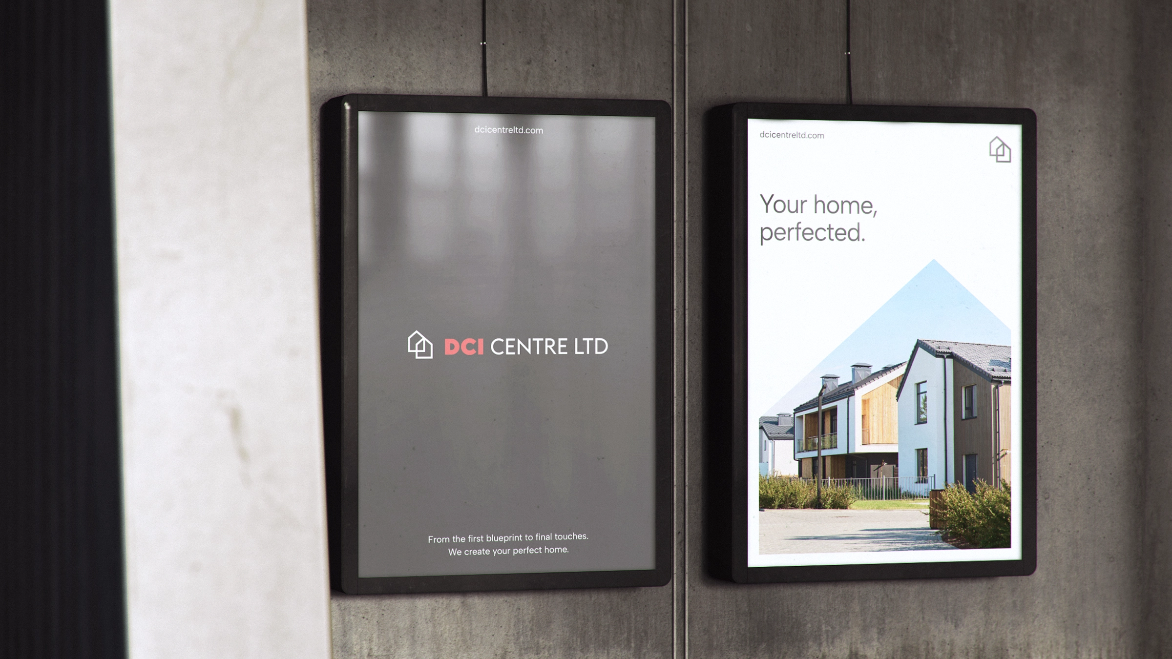 Plakaty reklamowe DCI Centre z logo oraz hasłem „Your home, perfected.” w nowoczesnym układzie graficznym.