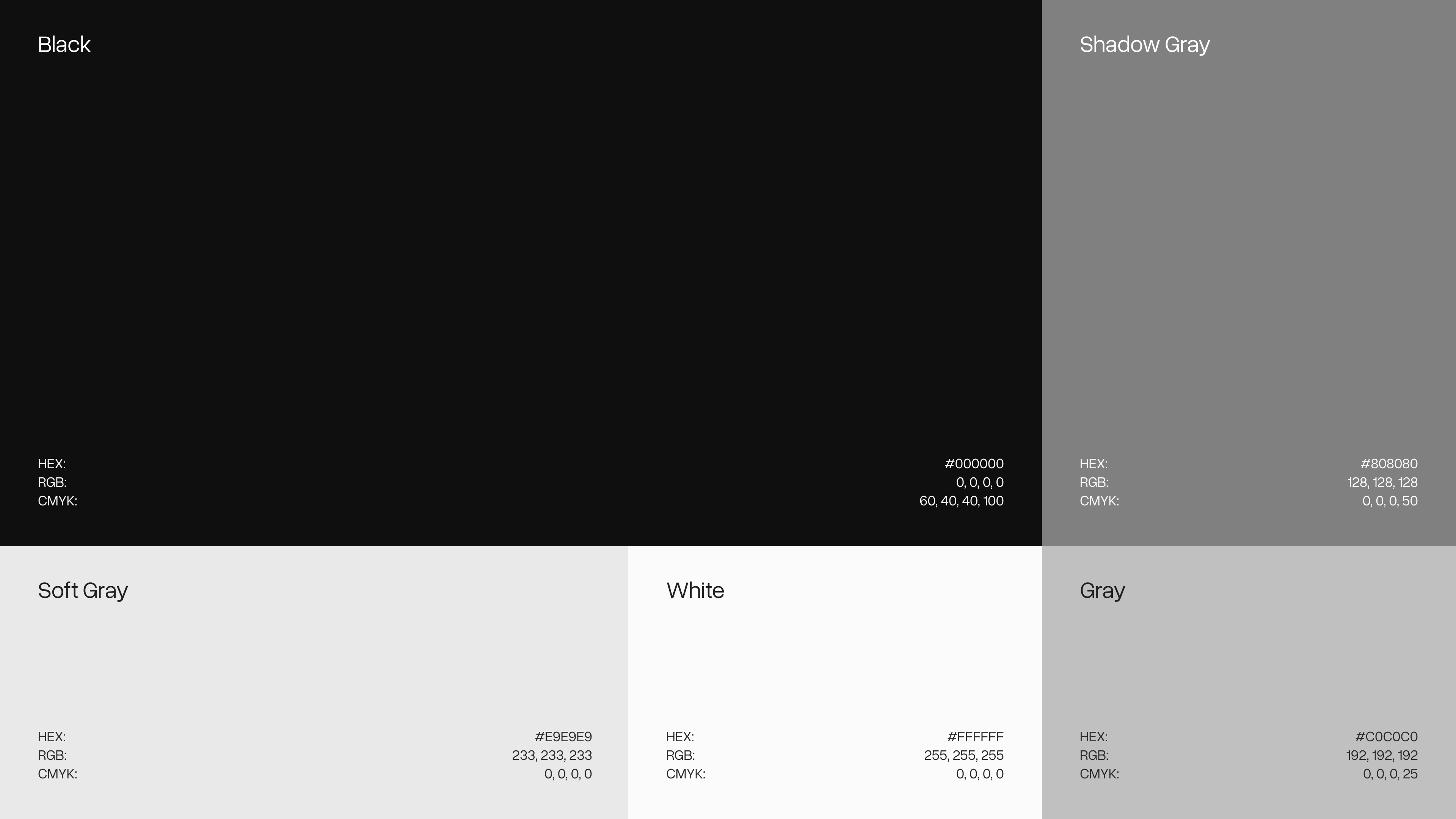 Paleta kolorystyczna Quiet Solution z czernią, bielą i odcieniami szarości w identyfikacji marki.