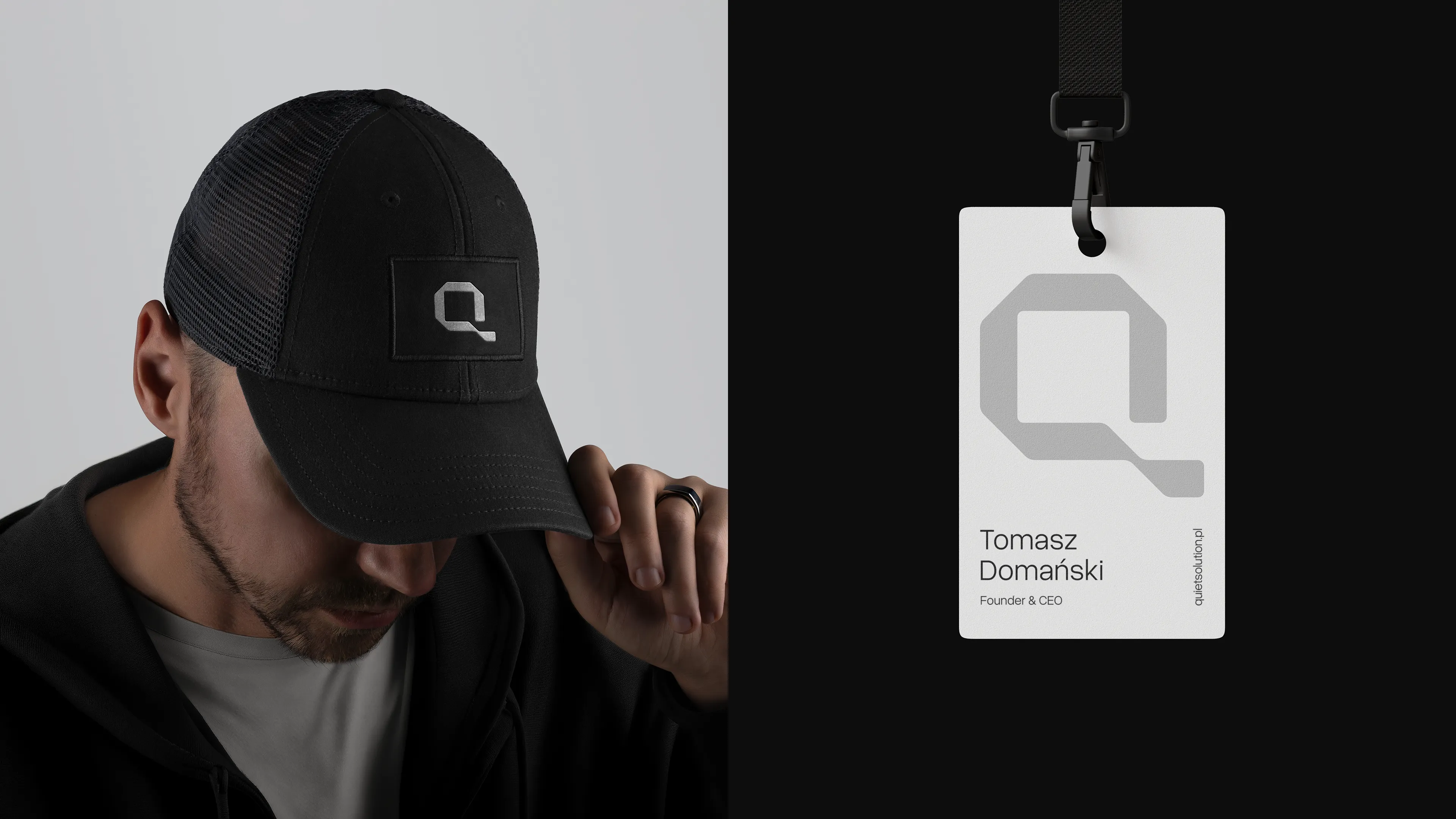 Czapka z logo Quiet Solution oraz identyfikator pracownika z minimalistycznym brandingiem.