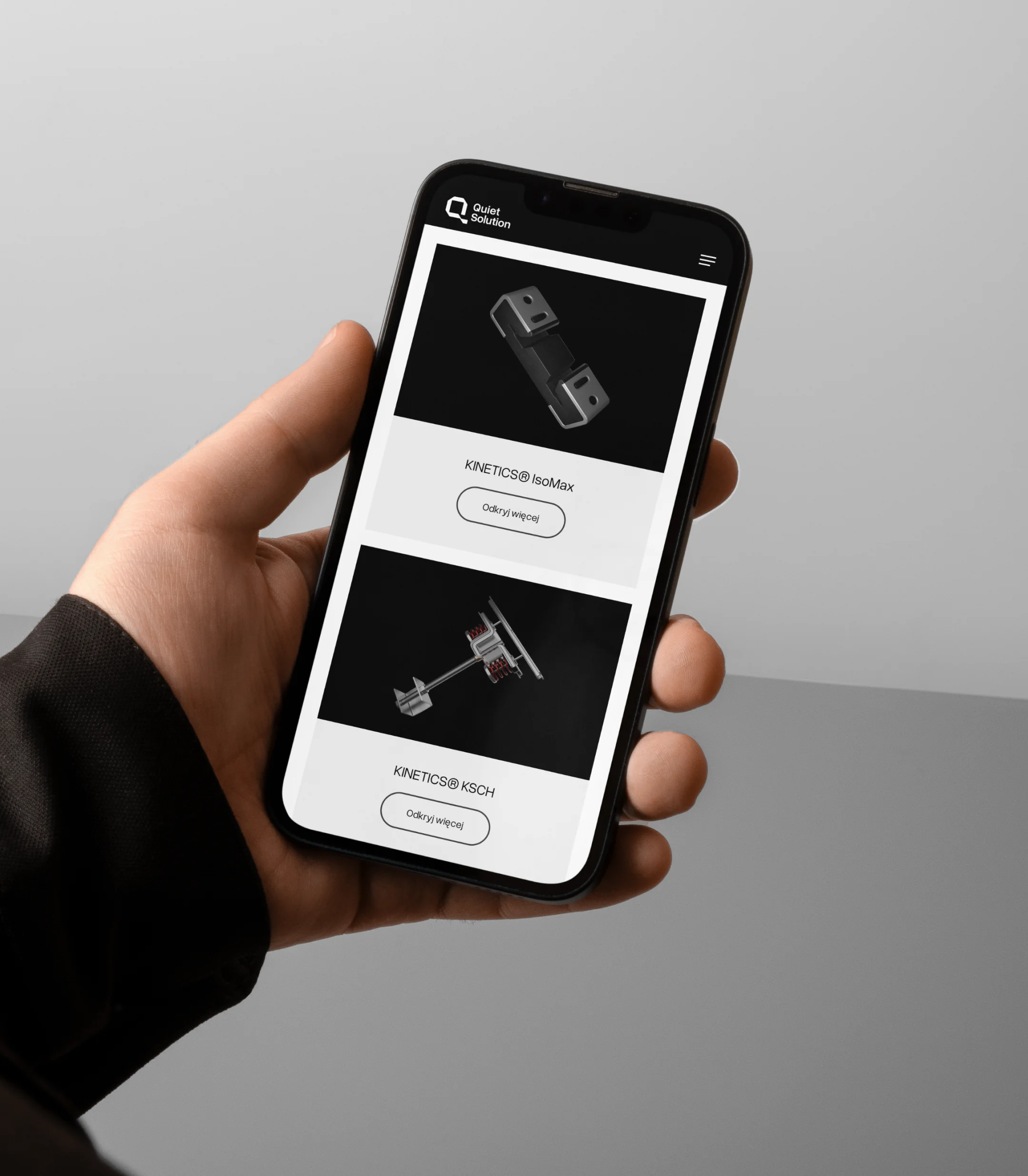 Widok strony produktowej Quiet Solution na smartfonie z prezentacją systemów Kinetics.