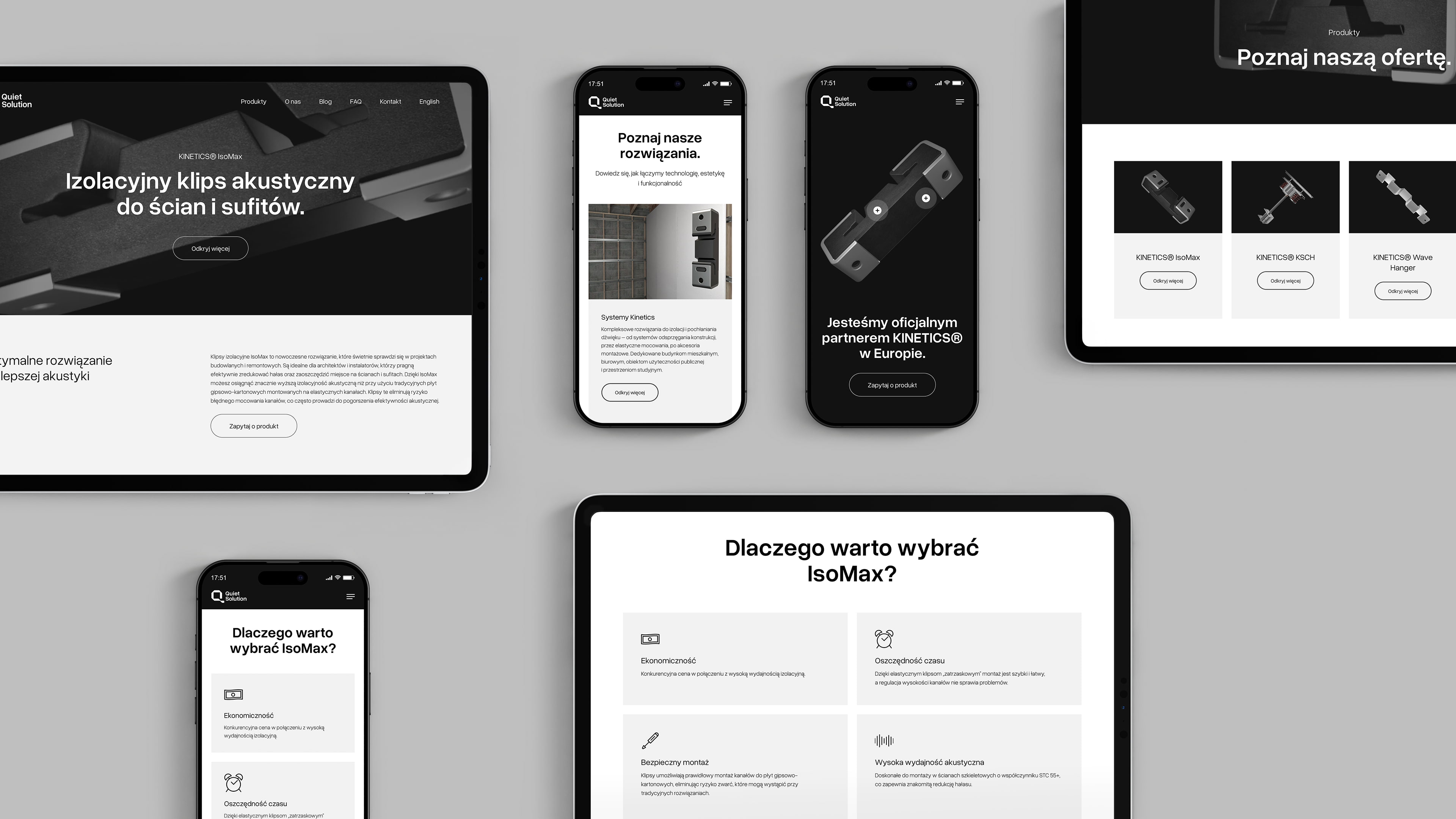 Responsywne widoki strony Quiet Solution na urządzeniach mobilnych i tabletach.